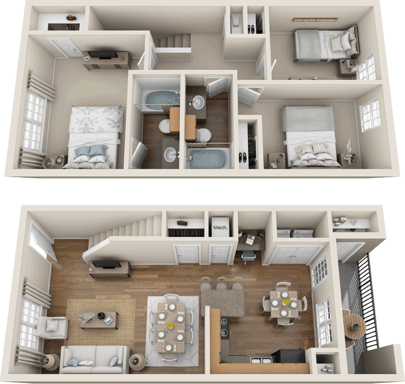 Floor plan for 3 beds, 2 baths, 1224 sqft